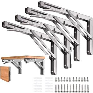 Folding Shelf Brackets 16 inch 4 Pcs Max. Load 350lb - Heavy Duty Stainless Steel DIY Wall Mounted Shelf Brackets Space Saving for Table Work Bench, Garage Workstation, Stuff Supports, Plant Stand