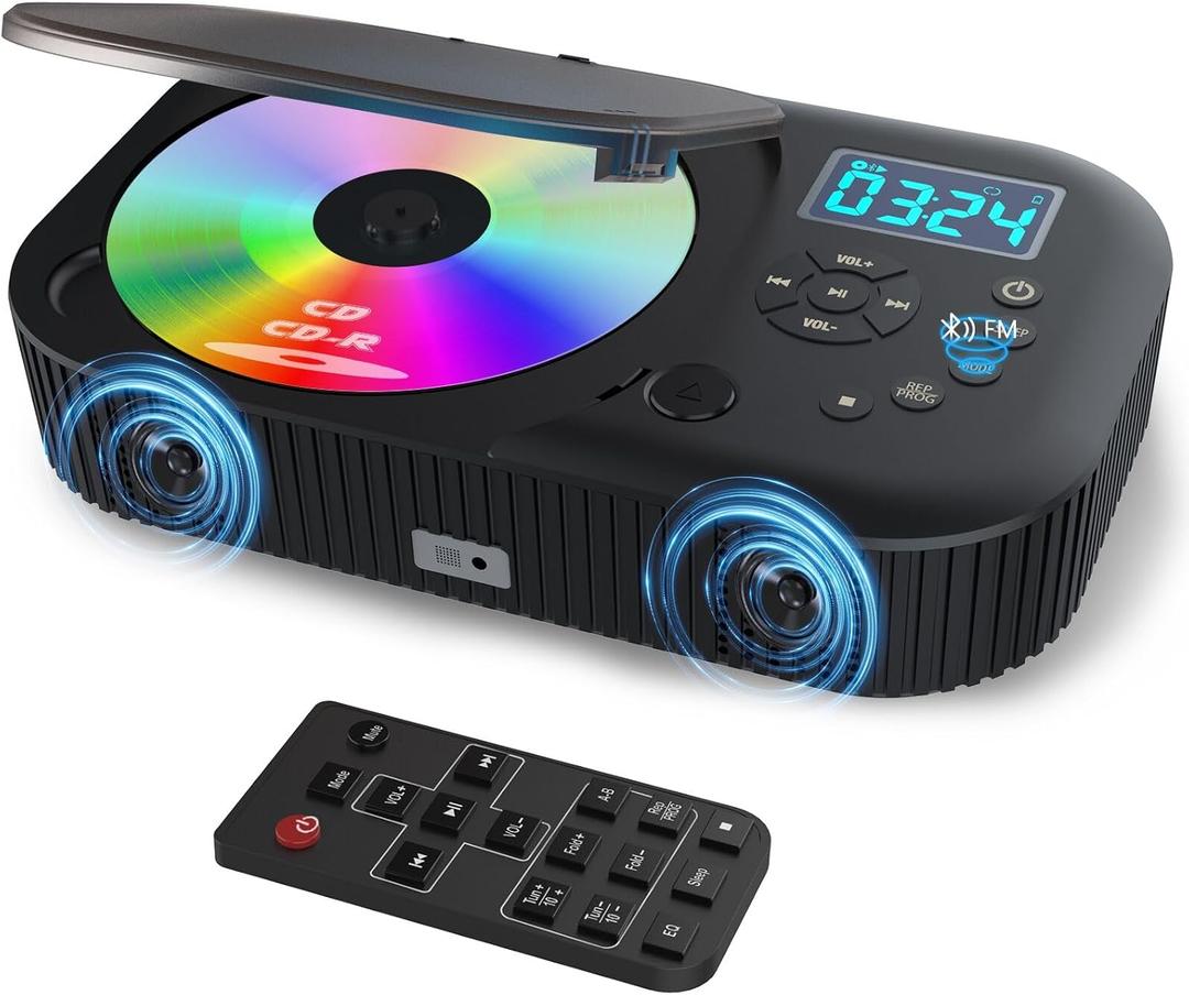 CD Player Portable,MONODEAL Dual Stereo Speakers Portable CD Player with Bluetooth Speakers, 4000mAh Rechargeable Player for Car/Home with Remote Control, Support USB/AUX,Headphone Jack (Black)
