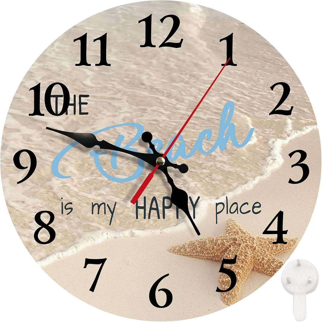 Britimes Round Wall Clock Silent Non-Ticking Battery Operated Clock 10 Inch, Summer Beach My Happy Place Home Decor for Living Room, Bathroom, Bedroom, Kitchen, Office and School