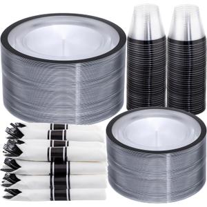I00000 350 Pcs Clear and Black Plastic Plates,Black Dinnerware Set, Include 50 Dinner and 50 Dessert Plates,50 Plastic Cups,50 Pre Rolled Napkins with Cutlery for Graduation,Party