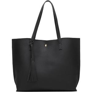 Dreubea Women's Soft Faux Leather Tote Shoulder Bag from, Big Capacity Tassel Handbag (Black)