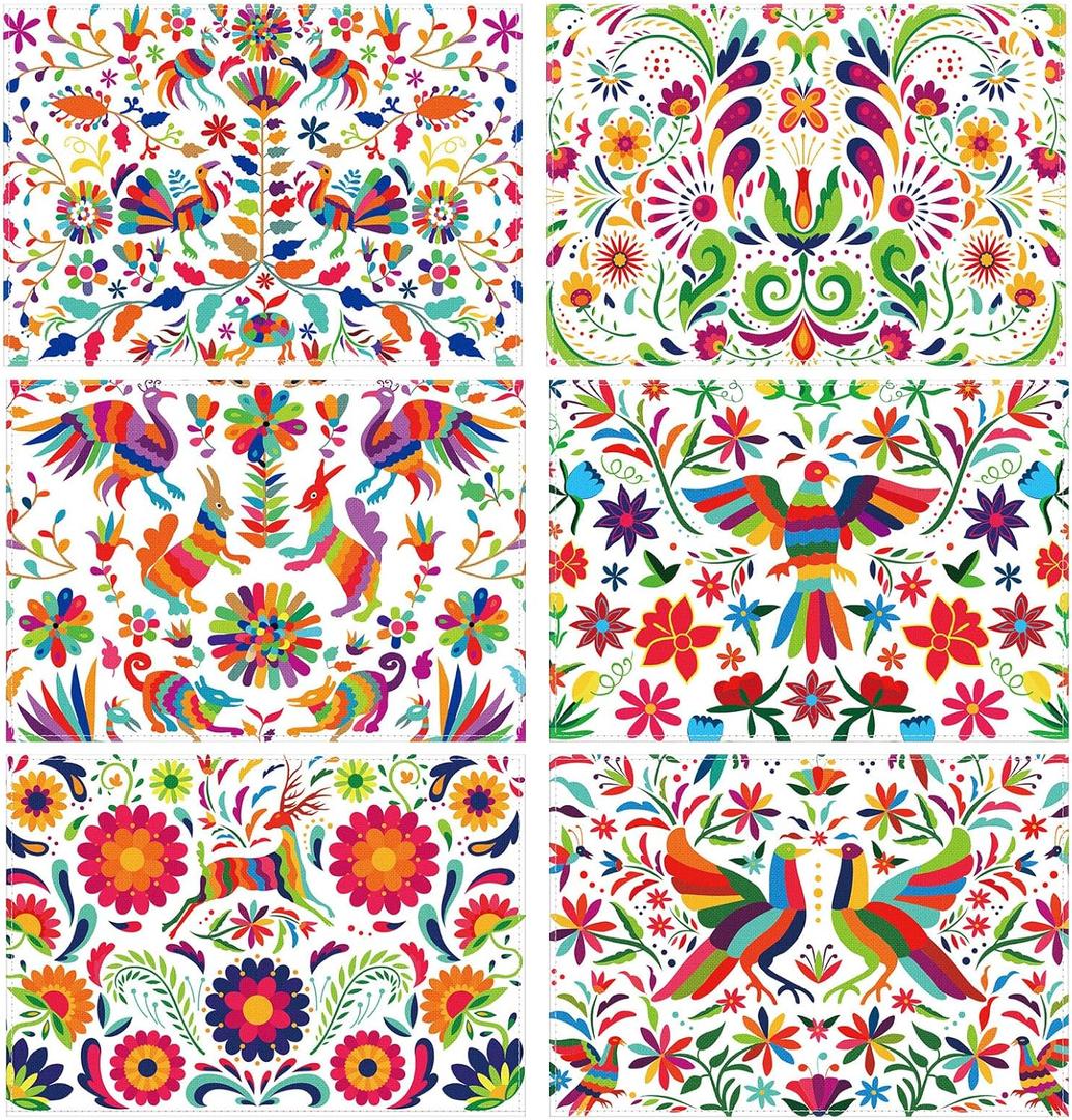 Set of 6 Mexican Placemats 12"x18" Mexican Bird Flower Placemats Festival Place Mats Cinco De Mayo Ornate Ethnic Linen Washable Kitchen Dining Table Mats for Home Party Indoor Outdoor Holiday(White)