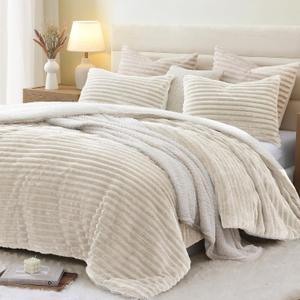 Geniospin King Size Comforter Set Ivory, Warm Winter Comforter King Size,Ultra-Soft Sherpa Fleece Bedding Set, Reversible 3-Piece Comforter Set for Winter, Warm & Cozy (Ivory,102''x90'')