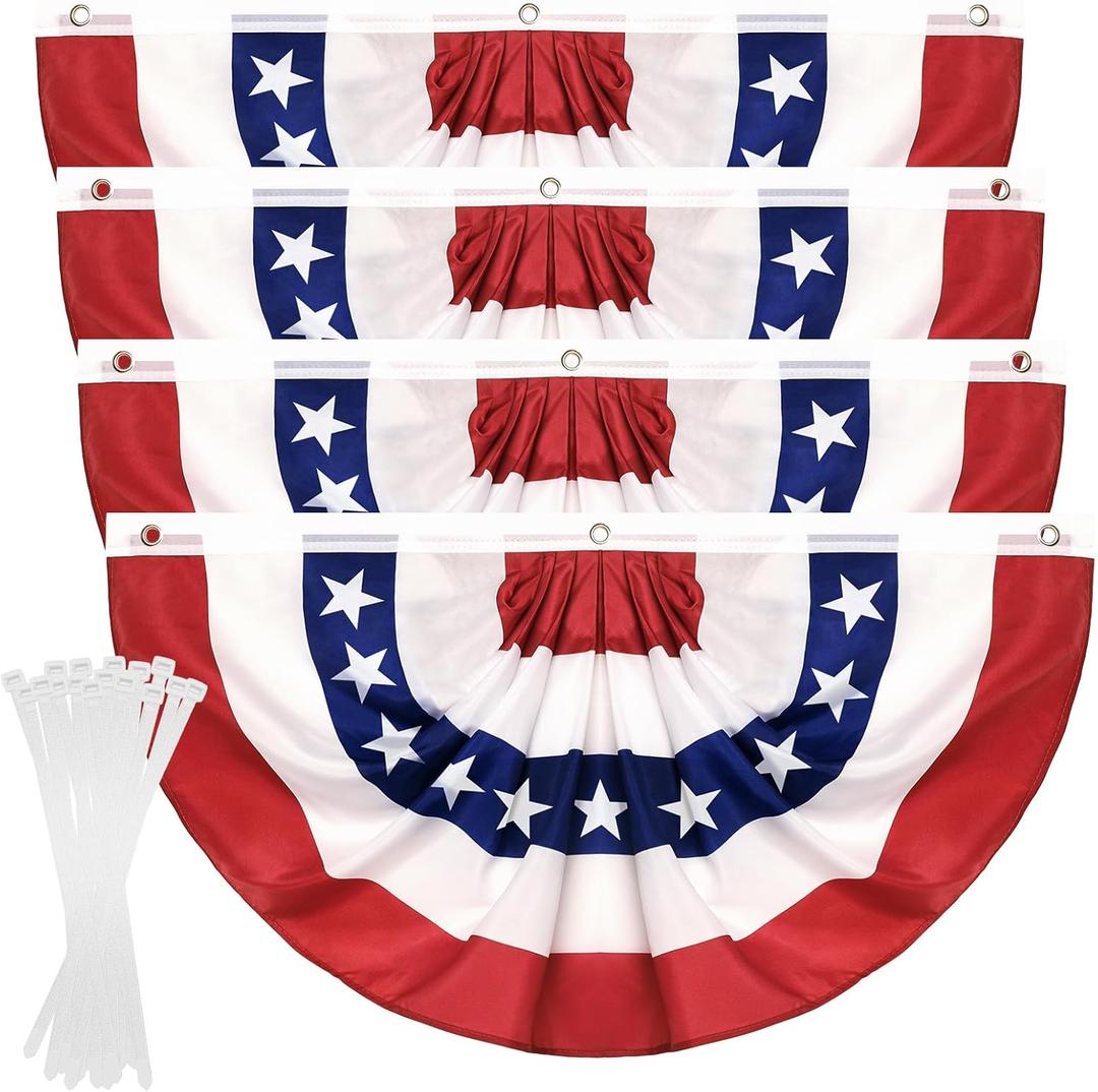 4Pack 1.5x3 FT American Pleated Fan Flag, American Flag Bunting for Outdoor, US Patriotic Half Fan Banner Flag with Zip Ties for 4th of July Memorial Day Independence Day Outdoor Indoor Decorations