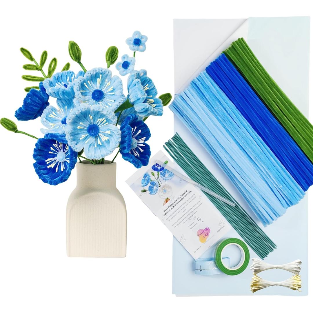 200 pcs Blue Pipe Cleaner Flowers Craft kit for DIY Corn Poppy Bouquet with tutoria(4 Colors),Chenille Stem Flowers Craft with 15 pcs Green Floral Wires,Gardening Tape,Stamen(2 Colors)
