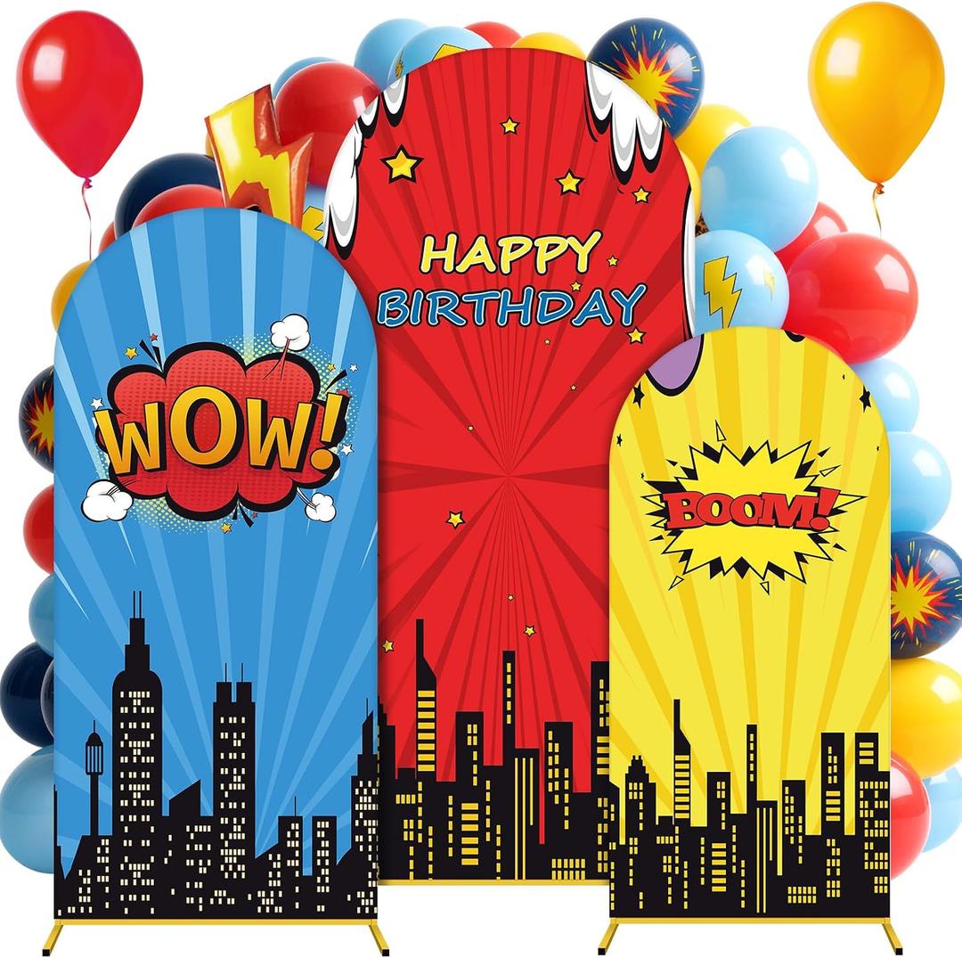 Tingjoo 3 Pcs Cityscape Arch Backdrop Cover Set 4Ft 5Ft 6Ft Happy Birthday Theme Party Backdrop Polyester Arch Stand Cover for Photo Props Hero Cosplay Decor