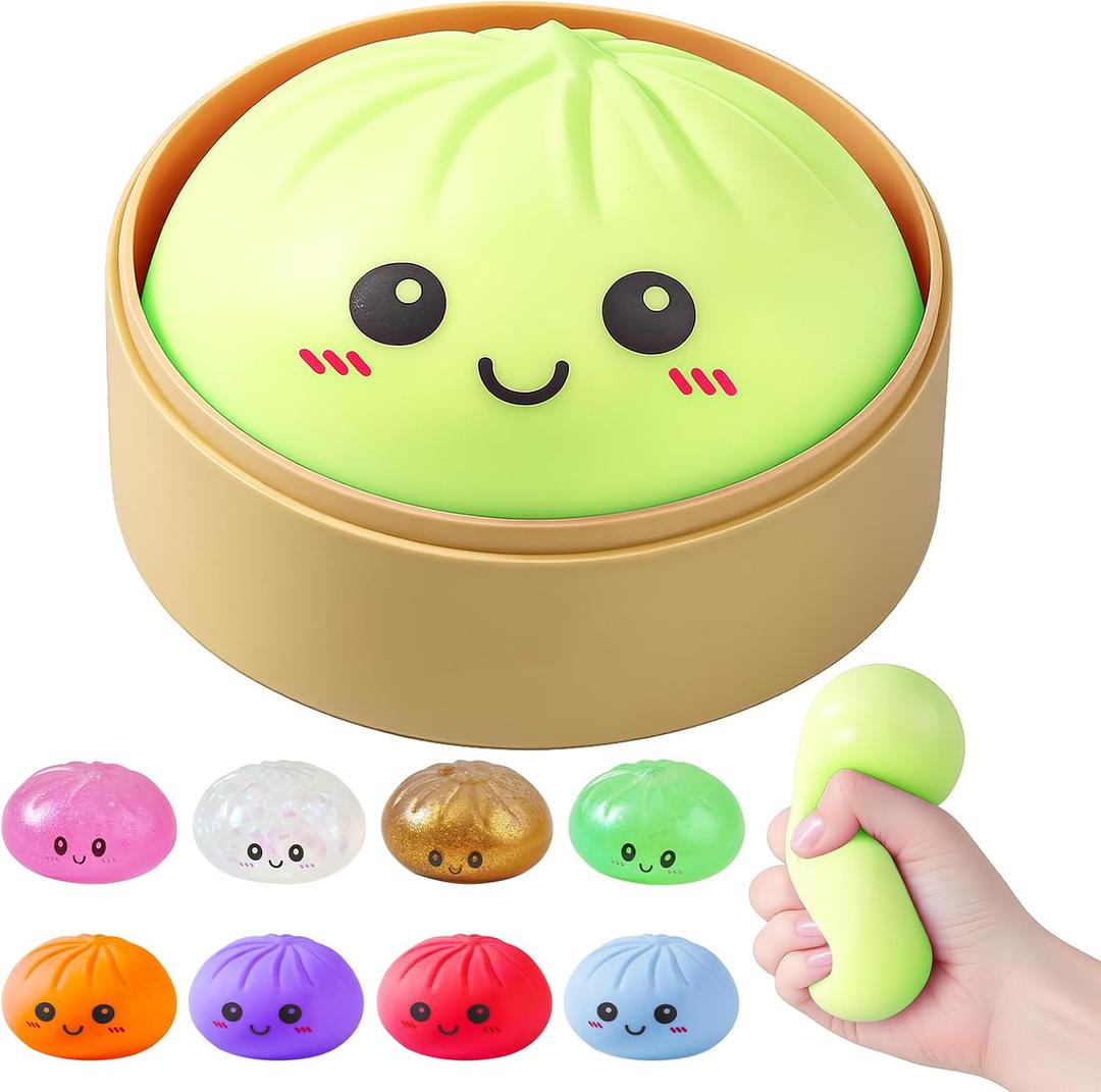 Dumpling Squishies, Glitter Dumpling Mystery Box, Colorful Dumplings Stress Balls Fidget Sensory Toy, Stocking Stuffers with Food Steamer Stretchy Desk Toys (Green)