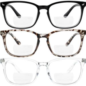 Yogo Vision Bifocal Reading Glasses for Women Men Rectangle Multifocal Readers Fashion Nerd Eyeglasses (3 Pack: Black, Clear, Grey Havana)