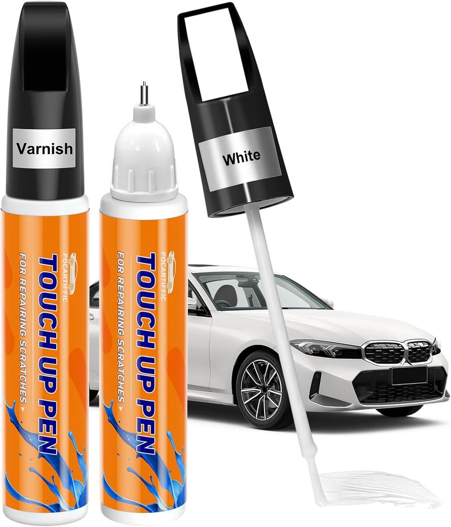 2 x Pocartiffic Car Scratch Remover, Premium Car Paint Pen, Effective Sratch Repair Pen for Car, Precise Automotive Touch up Paint, Car Paint Scratch Repair for Rims and Wheels 2pcs(White Paint+Varnish)