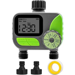 Sprinkler Timer for Garden Hose 2 Zone, Digital Sprinkler Controller with Pure Brass Inlet for Lawn, Auto Faucet Timer