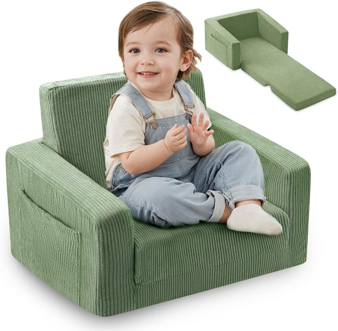 Toddle & Kids Chair,2-in-1 Soft Toddler Couches that Fold Out,Toddler Chairs Comfy 1-3 Years Old,Convertible Sofa to Lounge,Green, 21.8 inches x 16.1 inches x 16 inches