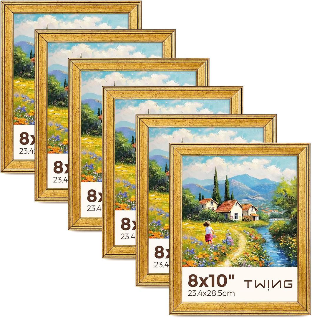 TWING 8x10 Gold Picture Frames Set of 6, Rustic Gold Frames Display Pictures 5x7 with Mat or 8x10 without Mat, Tabletop Display and Wall Mounting Collage Photo Frame Set for Wall Gallery