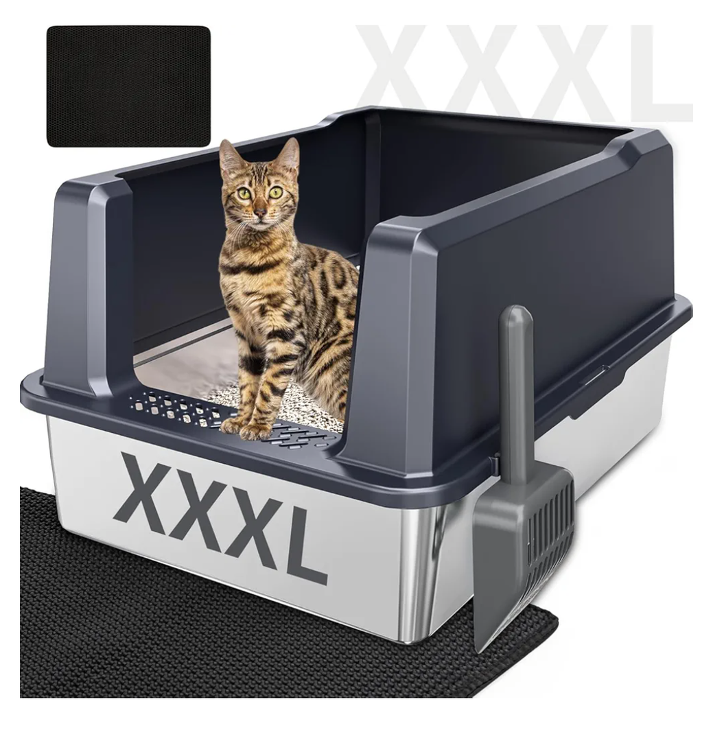 KMNSUN XXXL Extra Large Stainless Steel Litter Box, 28" L x 20" W x 14" H Super Large Stainless Steel Litter Box, Suitable for Large Cats and Multiple Cats, Non-Sticky, Anti-Leakage, Easy to Clean