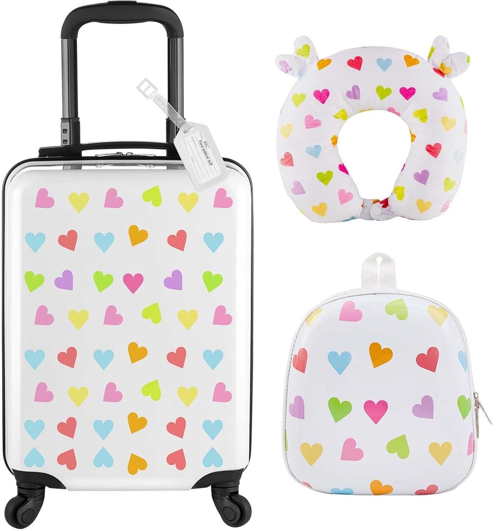 Sanwuta 4 Pcs Kids Luggage Set Carry On Rolling Suitcase Backpack Neck Pillow Travel Set Gift for Girls Boys Summer Camp(20 Inch,Heart Style,White)