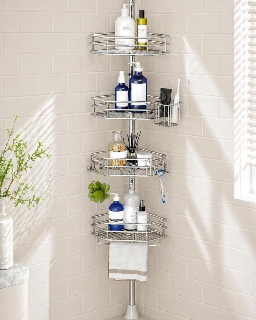SEIRIONE Corner Shower Caddy Tension Pole, Quick Setup, Rust-Free Bathroom Shower Organizer Corner for Bathtub Shampoo Storage, 4-Tier Adjustable Shelf, Drill Free, Fits 34 to 116 Inch Height, Silver