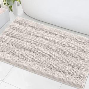 H.VERSAILTEX Bath Mats for Bathroom Non Slip Extra Thick Chenille Striped Bath Rug 24" x 36" Absorbent Non Skid Fluffy Soft Shaggy Rugs Washable Dry Fast Plush Mats for Indoor, Bath Room, Tub - Ivory