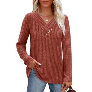 SAMPEEL Sweaters for Women Long Sleeve Shirts V Neck Tops with Buttons Fall Fashion Outfits Winter Clothing 2025 (Brown, L)