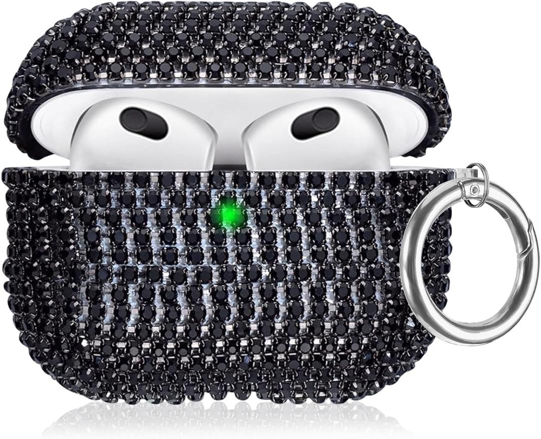 Sparkling Diamond Case Compatible with AirPods 3rd Generation Case (2021), AirPods 3 Case Bling Rhinestone for Girl and Women, Shockproof Protective Cute Cover Case with Keychain (Silver) (Black)