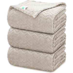 3 PC Flannel FleeceThrow Blanket, 50"x70" | 300GSM Soft Blankets for Couch Bed, No Shedding No Pilling Wedding Decorative Throw, Machine Washable (Beige)