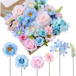 Jspupifip Blue, Pink, Green Artificial Flowers Combo Box Fake Silk Roses with Stems Hydrangea Peony Arrangement for Bridal Shower Boho DIY Wedding Cake White Flowers Table Decorations