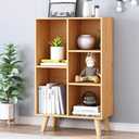 IOTXY Wooden Open Shelf Bookcase - 3-Tier Floor Standing Display Cabinet Rack with Legs, 5 Cubes Bookshelf, Pear Yellow, 50CM