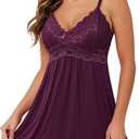 Ababoon Sexy Lingerie Women Lace Modal Sleepwear Chemises V-Neck Full Slip Babydoll Nightgown (Small, Dark Cherry)