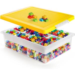 Building Block Organizer Bin, Plastic Double Layer Brick Storage Box with Building Baseplate, Stackable Art Crafts Container with Removable Divided Tray for Home, Office