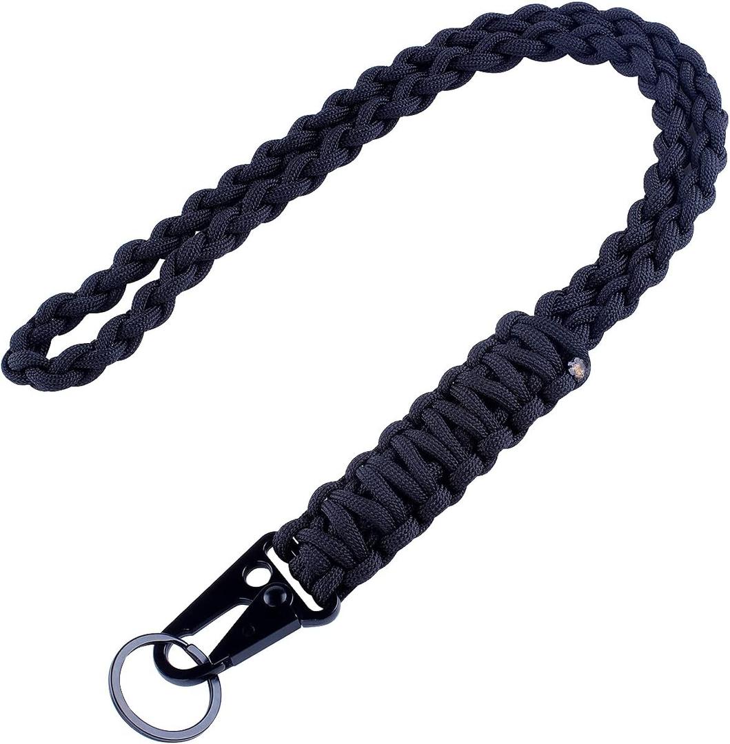 Heavy Duty Braided 550 Paracord Neck Lanyard Keychain for Men Women Outdoor Survival, Parachute Rope Necklace Keychains with HK Clip Key Ring for ID Card Badge Holder, Camera, Wallet and Keys (Black)