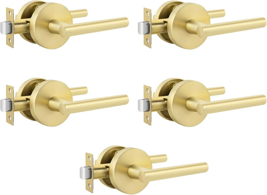 goldenwarm Brushed Gold Lever Passage Door Handles, Zinc-Alloy Heavy Duty Gold Hall and Closet Door Handle, Lever Door Handles, Passage Door Hardware for Hallways and Closets (5 Pack)