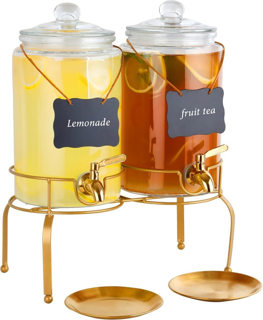 Drink Dispensers for Parties, 2 Pack 1 Gallon Beverage Dispenser with Stand, Drink Dispenser With Glass Lid, juice dispensers for parties