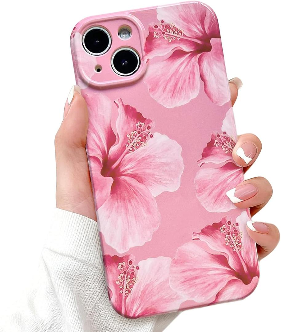 Lovmooful Compatible for iPhone 13 Case Cute Hibiscus Flower Floral Aesthetic Printed Design for Girls Women Soft TPU Shockproof More Protective Girly for iPhone 13 Case-Pink