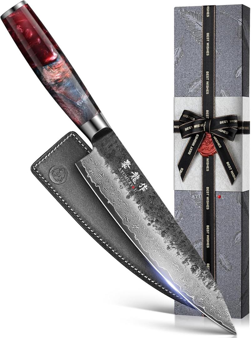 Japanese Chef Knife, 8 Inch VG10 Damascus Kitchen Knife, Professional Black Forged Kitchen Knives with Red Ergonomic Handle, Leather Sheath & Luxury Gift box, Mothers Day Gifts for Mom Wife