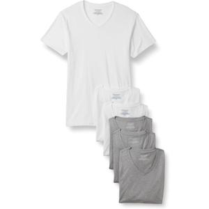Amazon Essentials Men's V-Neck Undershirt, Breathable Cotton, Pack of 6, Medium Grey Heather/White, Large