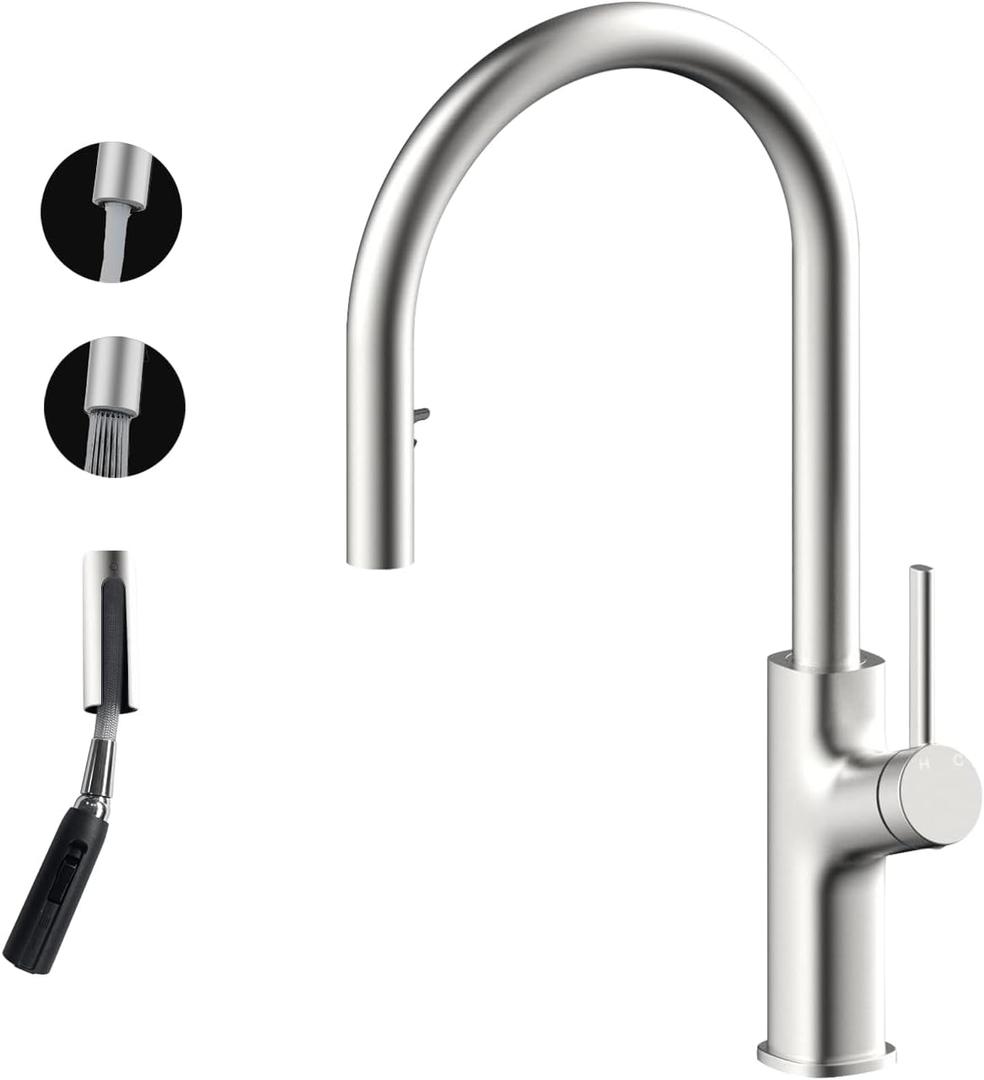 Kitchen Faucet with Pull Down Sprayer,Brushed Nickel Single Hole Stainless Steel Pull Out Kitchen Faucet with Sprayer,Hidden Single Handle Commercial Modern Rv Faucet for Kitchen Sink