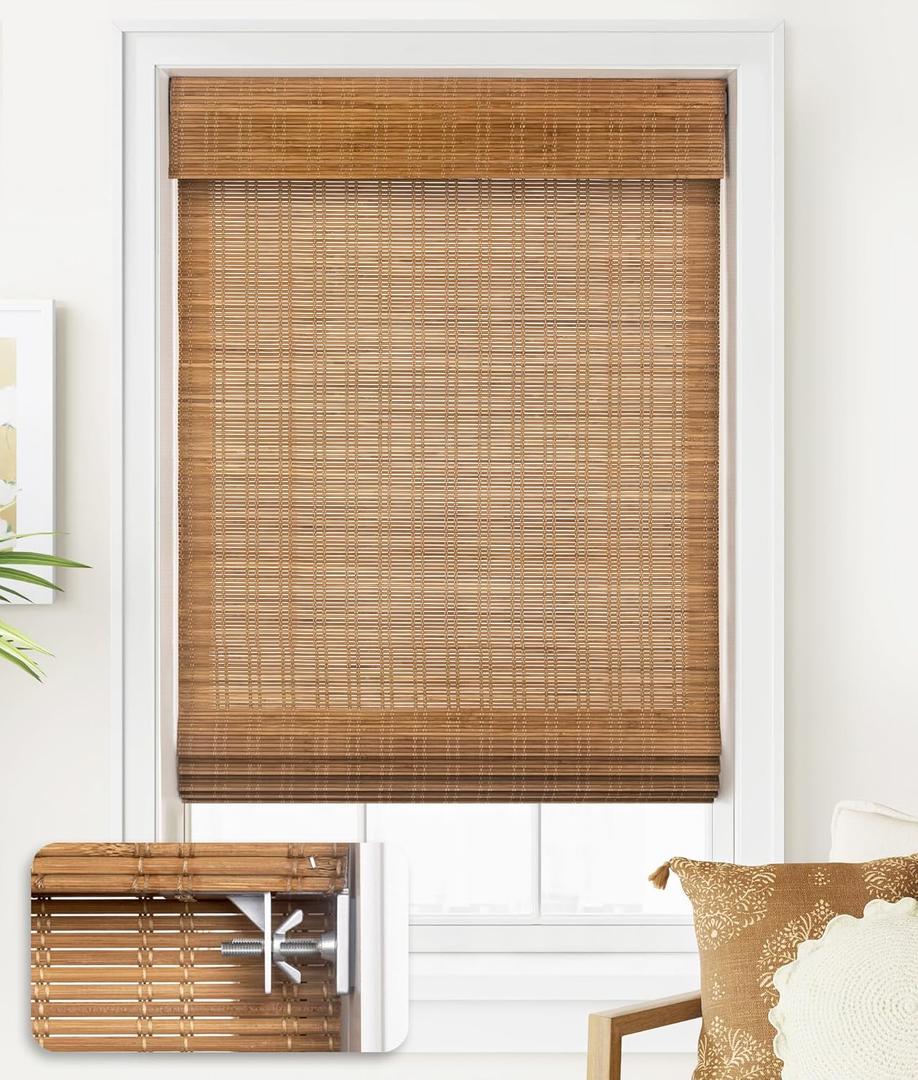 LazBlinds No Tools No Drill Cordless Bamboo Roman Shades, Light Filtering Window Treatment, Roll Up Bamboo Blinds for Window 28'' W x 64'' H, Ceylon Light Russet