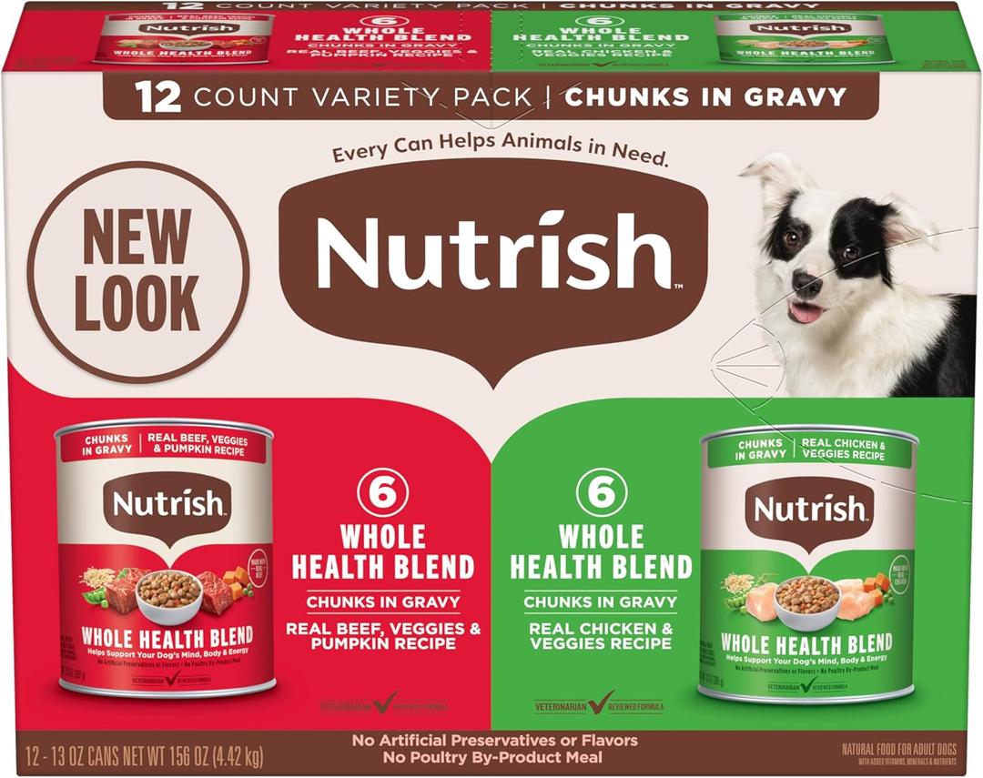 Nutrish Whole Health Blend Chunks in Gravy Variety Pack Wet Dog Food, 13 oz. Can, 12 Count (Rachael Ray) (EXP 01/23/27)