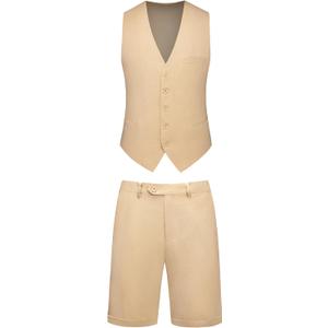 Mens 2-Piece Linen Summer Suit - Beach Wedding Guest Outfit with Vest and Shorts Set (XXL)