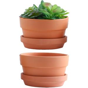 Yishang 7 Inch Terracotta Shallow Planters with Saucer/Tray,Ceramic Flower Clay Plant Pots with Drainage Hole,Unglazed Cactus/succlent Plant Containers Indoor Garden Bonsai Pots