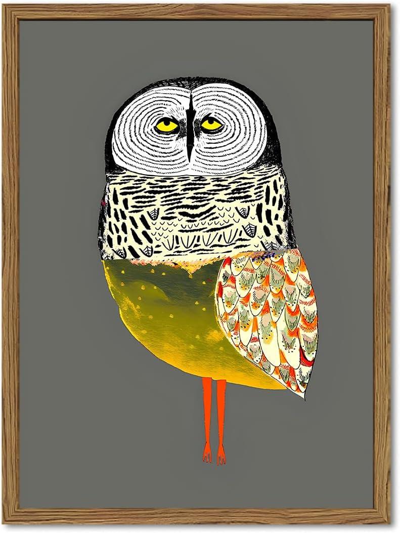 Funny Owl Wall Art, Whimsical Bird Wall Decor Painting Cute Animal Poster Canvas Print Picture for Farmhouse Living Room Bedroom 16x24 inch Wood Framed