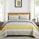 Quilt Set Queen Size, 3 Piece Fall Patchwork Striped Bedding Set, Lightweight Soft Microfiber Bedspreads Coverlets Set with 2 Pillow Shams,Yellow and Grey and White Queen Size Quilts for All Season
