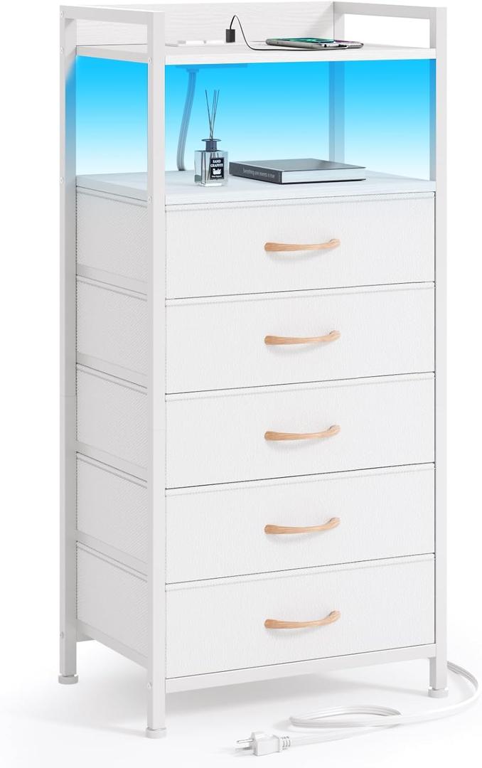 Furnulem White Nightstand with 5 Storage Drawer, Tall Dresser for Bedroom with Led Light and Charging Station, Side Table Nightstand for Closet, Fabric Bins, Metal Frame, Wood Shelf(White)