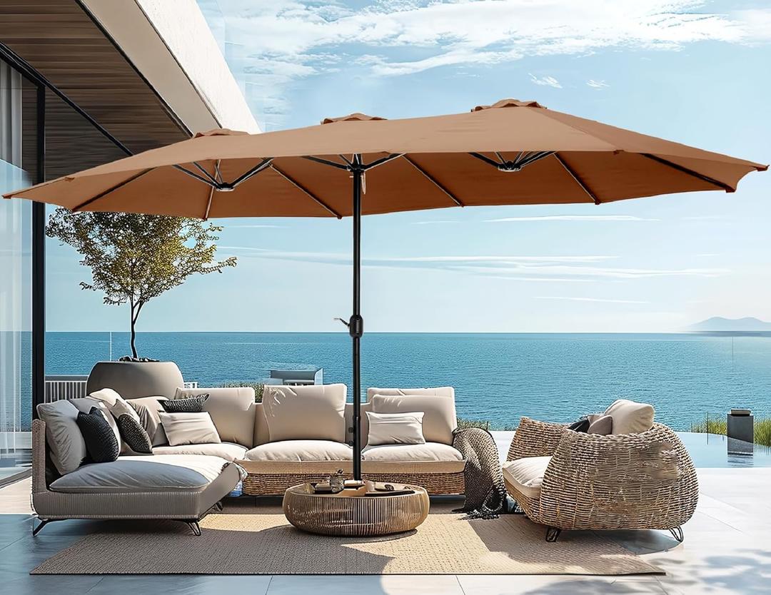 PHI VILLA 15ft Large Patio Umbrellas with Base, Outdoor Double-Sided Rectangle Market Umbrella for Pool Lawn Garden, Maillard Brown (Maillard Brown)