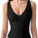 QINSEN Tank Top for Women Double Lined V Neck Seamed Cup Adjustable Spaghetti Straps Cami Shirts Black XS