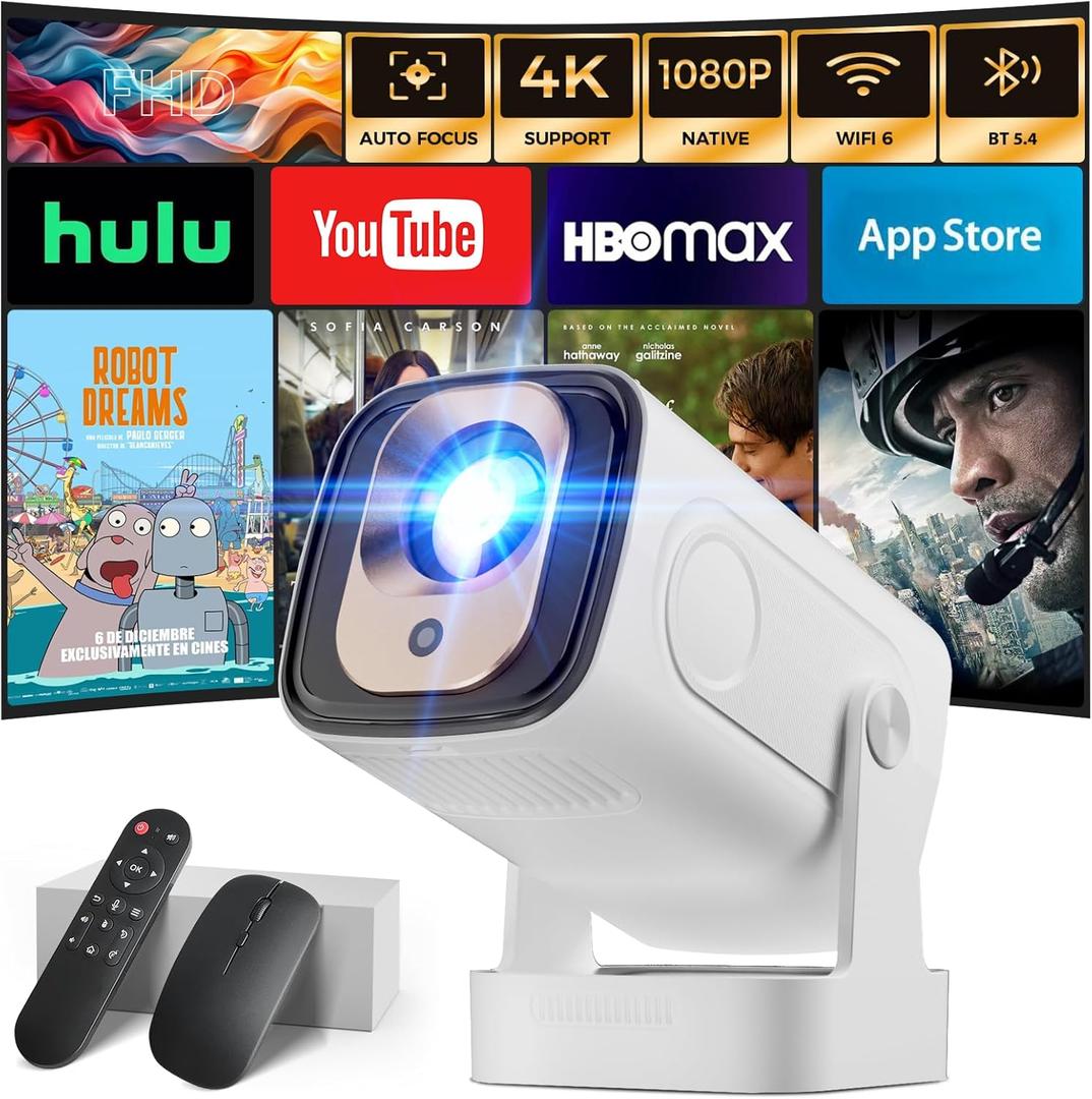 Projector [Auto Focus & 1080P Native & Bulit-in Apps] Projector 4K Support Auto Correction WiFi 6 Bluetooth 5.4 Mini Portable Projector Compatible with HDMI/TV Stick/Memory Stick/Laptop, White