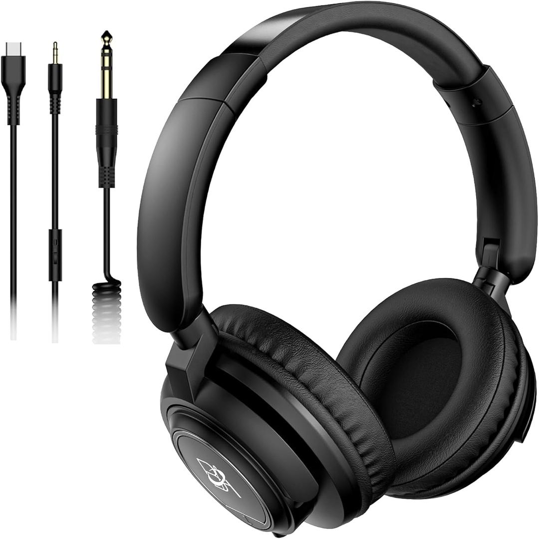 Wired Over Ear Headphones Studio Monitor & Mixing DJ Stereo Headsets with 50mm Drivers and 1/4 to 3.5mm Jack for Cellphone Type C AMP Computer Recording Podcast Keyboard Guitar Laptop Black