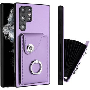 LEMAXELERS for Samsung Galaxy S22 Ultra Case with Card Slots. Purple YBK | PU Leather Magnetic Clasp, Ring Kickstand, Women Men Shockproof Protective Phone Cover for Samsung Galaxy S22 Ultra