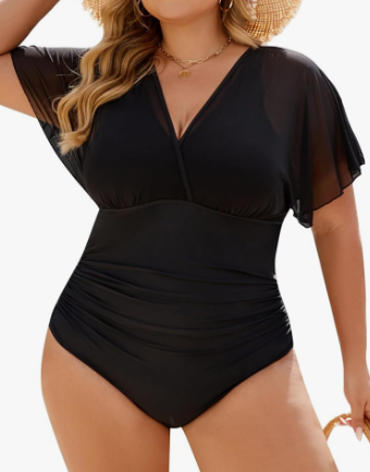Blooming Jelly Women's Plus Size Swimsuit One Piece Bathing Suit Tummy Control Mesh V Neck Maternity Swimwear Black 4XL