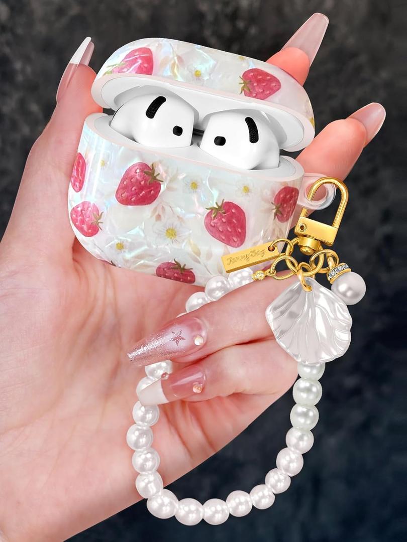 For AirPods 4 Case with Pearl Keychain - Cute Women Glitter Shell Design Cover Girls Girly Pretty Stylish Kawaii Girlish Protective for Apple for AirPods 4 Case, Strawberry