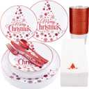 Morejoy 175PCS Christmas Plastic Dinnerware Set - White/Red Plates & Red Plastic Silverware Include 25 Plates, 25 Cups, 25 Forks, 25 Knives, 25 Spoons, 25 Napkins Perfect for Holidays