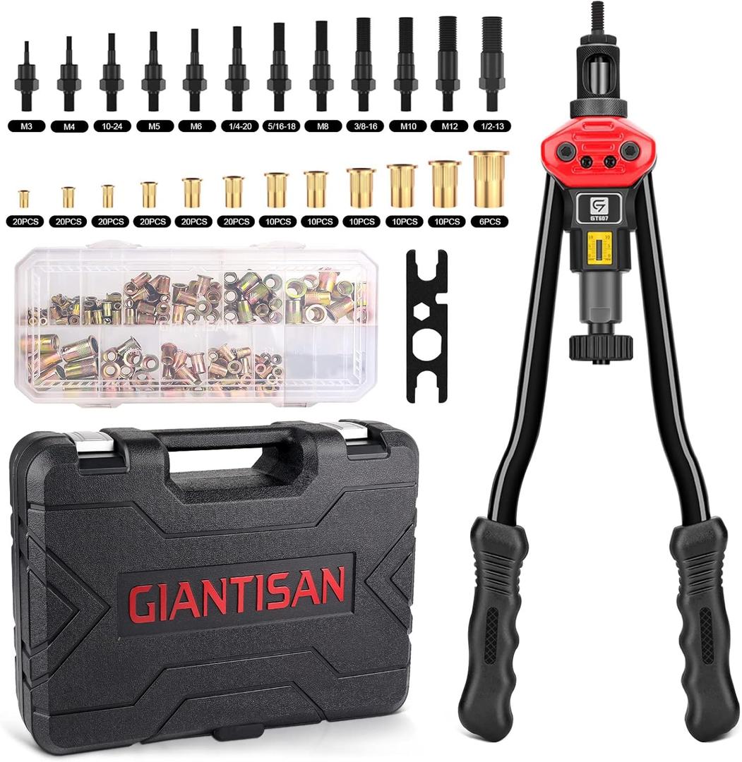 GIANTISAN Rivet Nut Tool Kit,16-Inch Rivnut Tool Kit with 12 Metric and SAE Mandrels, 176Pcs Rivet nut Assortment Kit, Designed for Labour Saving, Ideal for Automotive, Home and DIY Projects